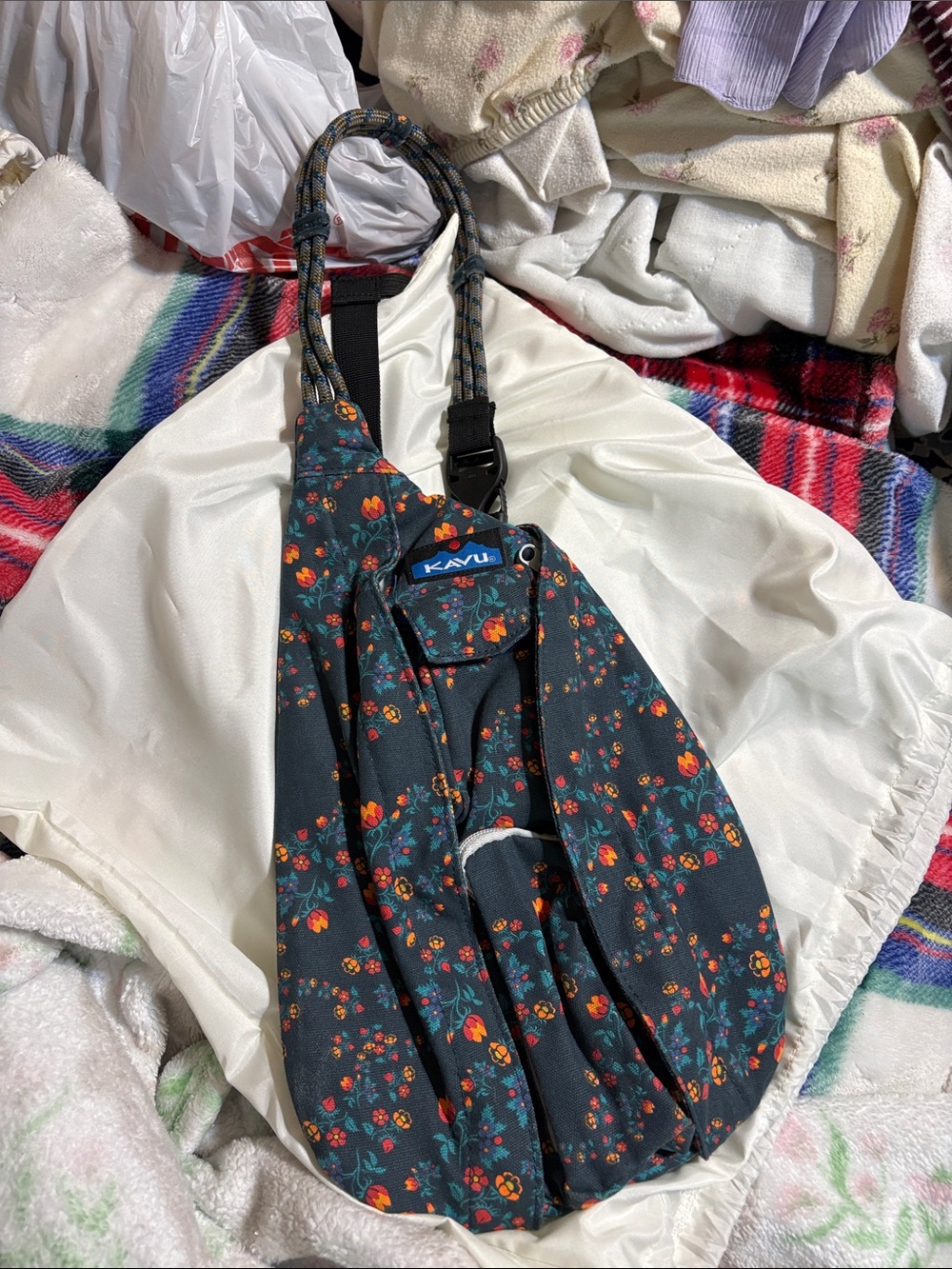 Kavu Black Crossbody Sling Bag with Orange & Teal Floral Print